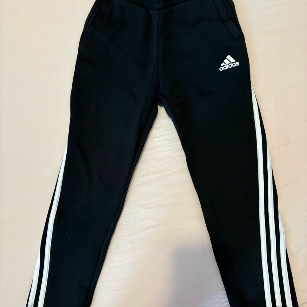 Adidas cropped Black Joggers with White Stripes